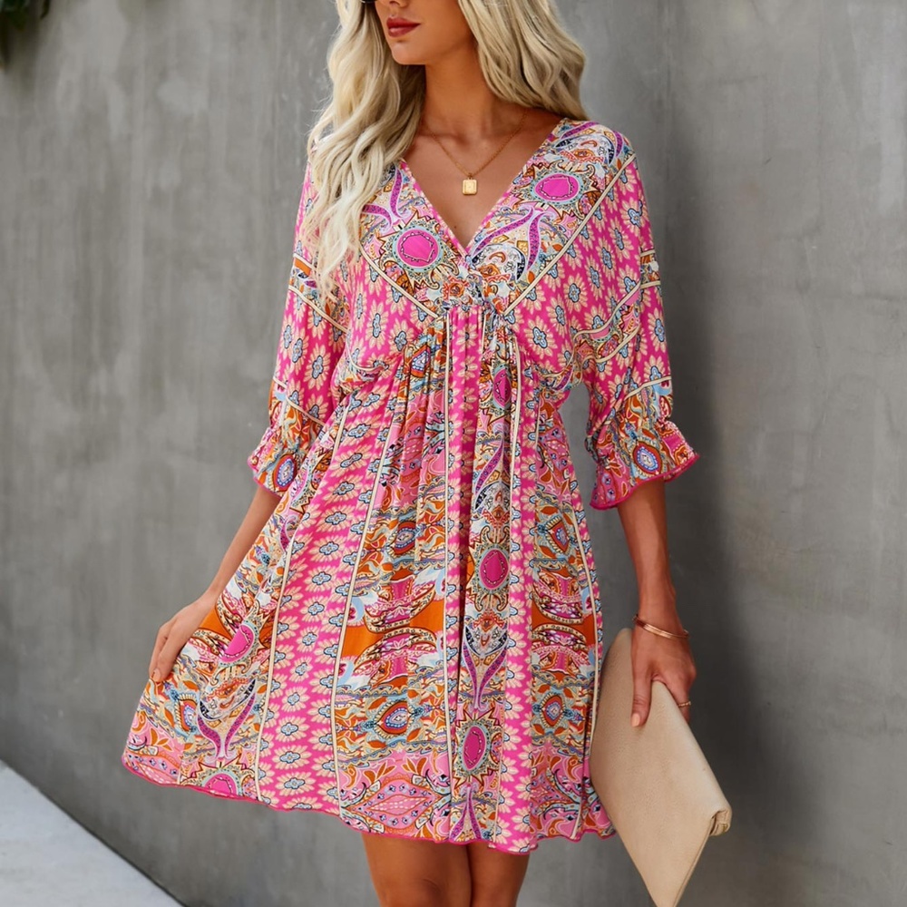 Boho Blue Orange Paisley V neck Gypsy Mini Dress - Picture 7 of 16